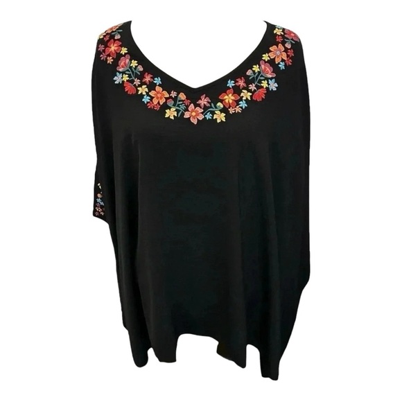 Oddi Tops - ODDI Women’s Poncho Size 2XL Black Embroidered Floral Details to V-Neck & Sleeve